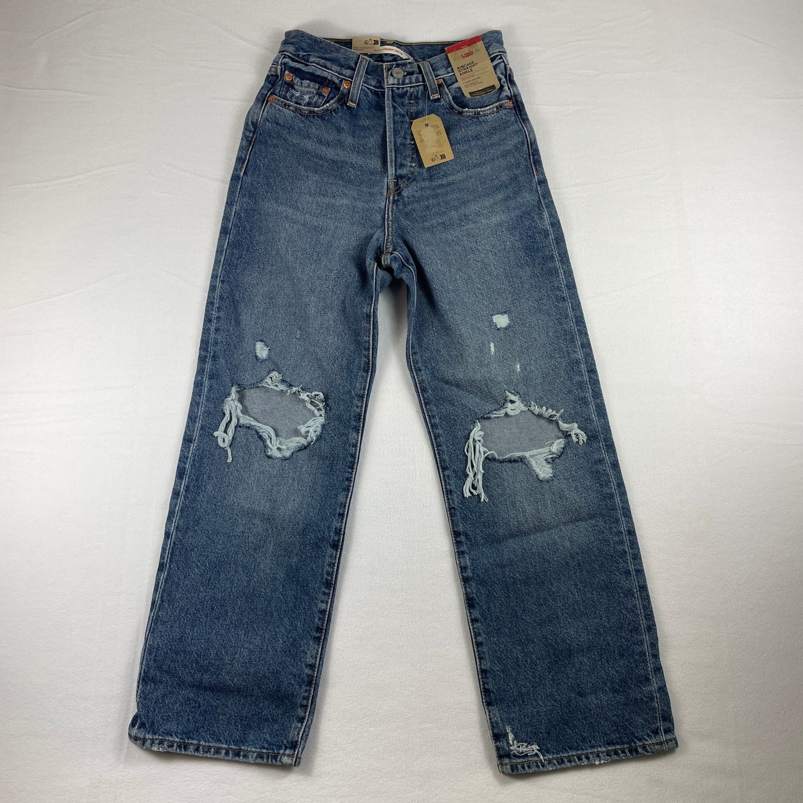 Levi's Womens Ribcage Straight Ankle Jeans Medium Wash Ripped Button Fly 24x27
